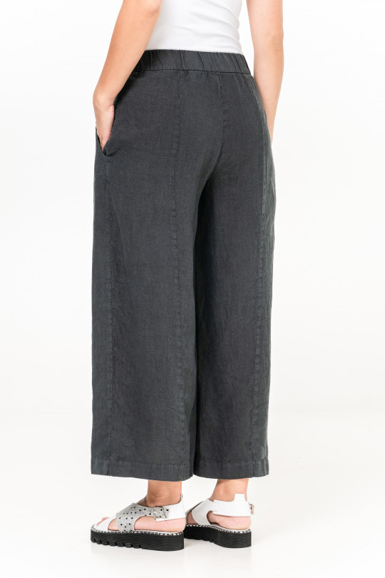 Women natural linen palazzo pants with zipper and pockets - 1014/grafit