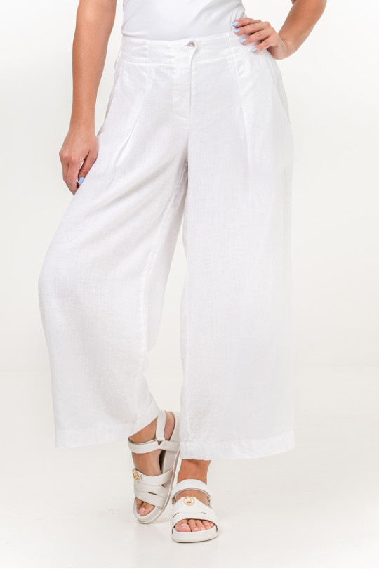 Women natural linen palazzo pants with zipper and pockets - 1014/white