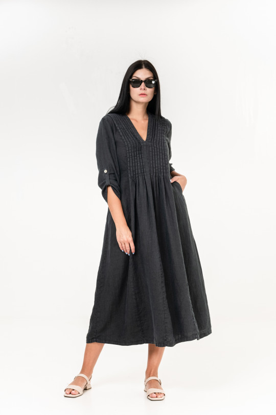 Women dress made of natural linen with pockets, sleeve length 2/3 - 1025/grafit