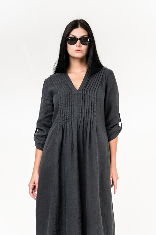Women dress made of natural linen with pockets, sleeve length 2/3 - 1025/grafit