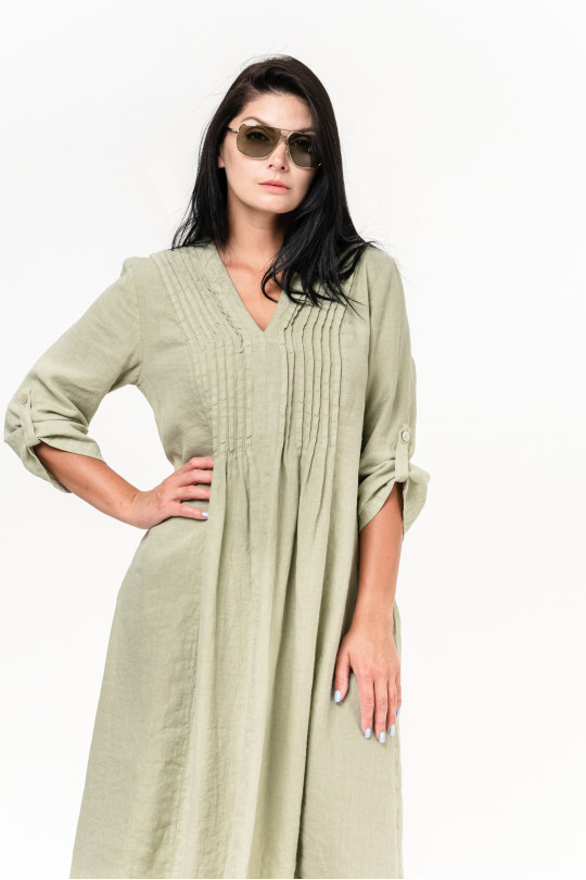 Women dress made of natural linen with pockets, sleeve length 2/3 - 1025/pistachio