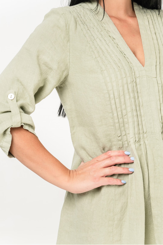 Women dress made of natural linen with pockets, sleeve length 2/3 - 1025/pistachio