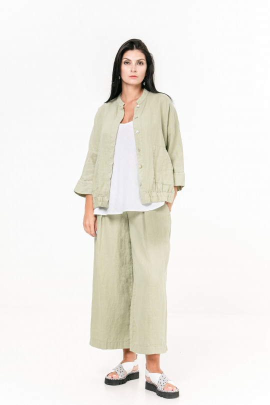Natural Linen Jacket with 3/4 Sleeve and Pockets - 1032/pistachio