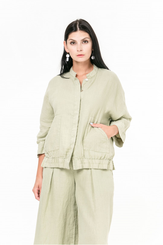 Natural Linen Jacket with 3/4 Sleeve and Pockets - 1032/pistachio