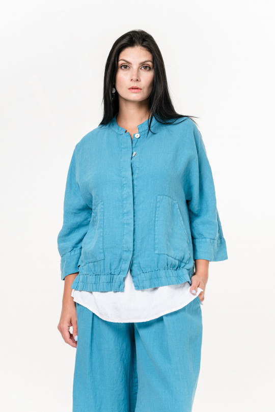 Natural Linen Jacket with 3/4 Sleeve and Pockets - 1032/biryuz