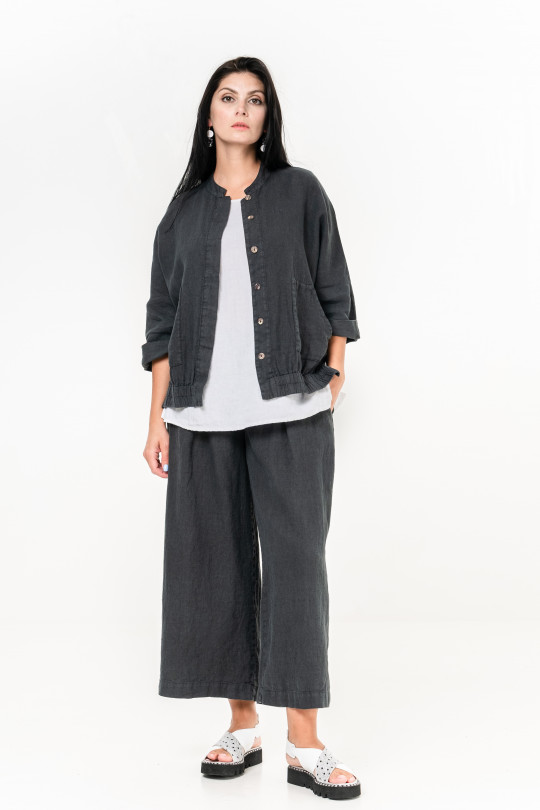 Natural Linen Jacket with 3/4 Sleeve and Pockets - 1032/grafit