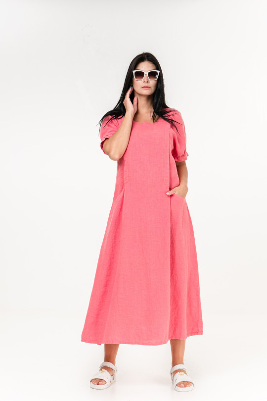 Women dress made of natural linen with pockets, short sleeves - 1033/rose
