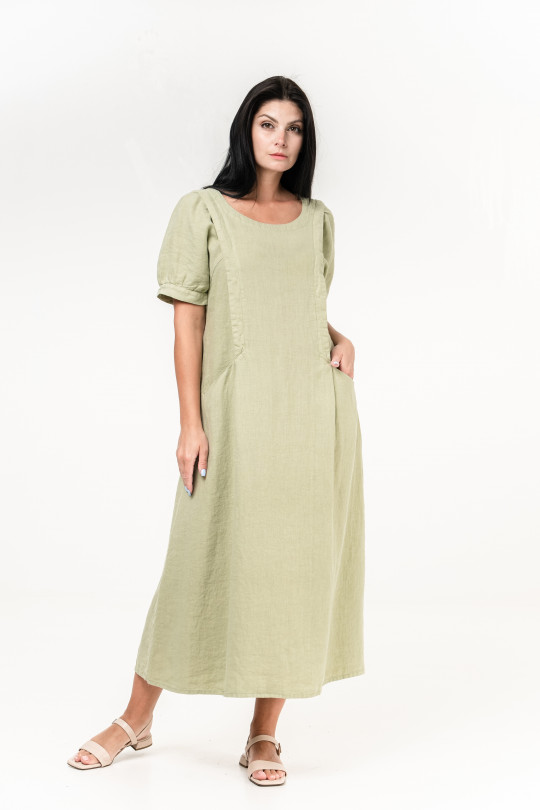 Women dress made of natural linen with pockets, short sleeves - 1033/pistachio