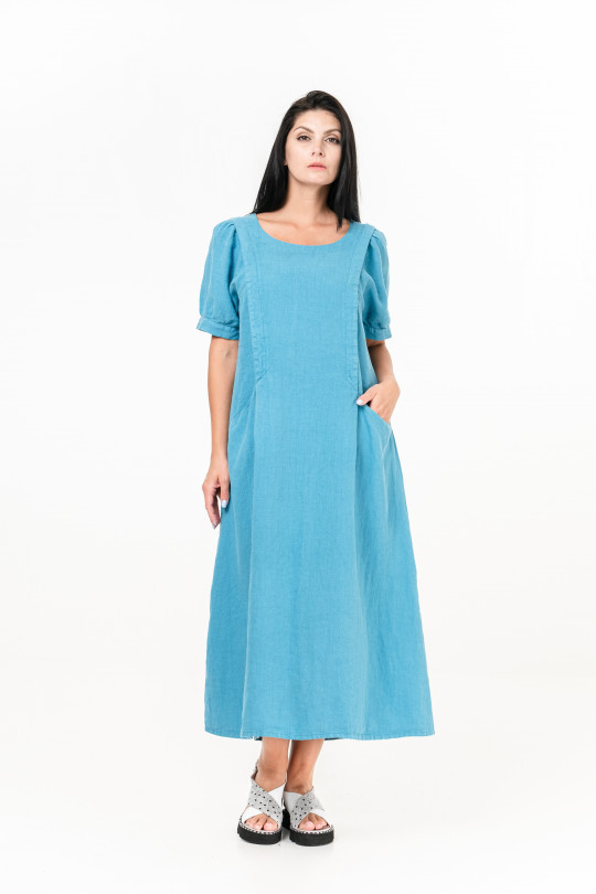 Women dress made of natural linen with pockets, short sleeves - 1033/biryuz