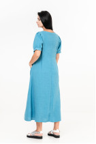 Женское платье из натурального льна с карманами, коротким рукавом - 1033/biryuz