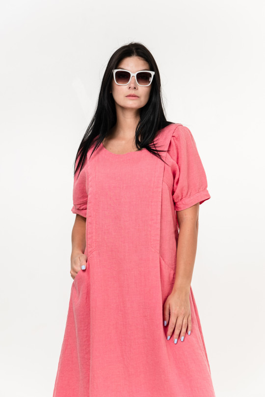 Women dress made of natural linen with pockets, short sleeves - 1033/rose