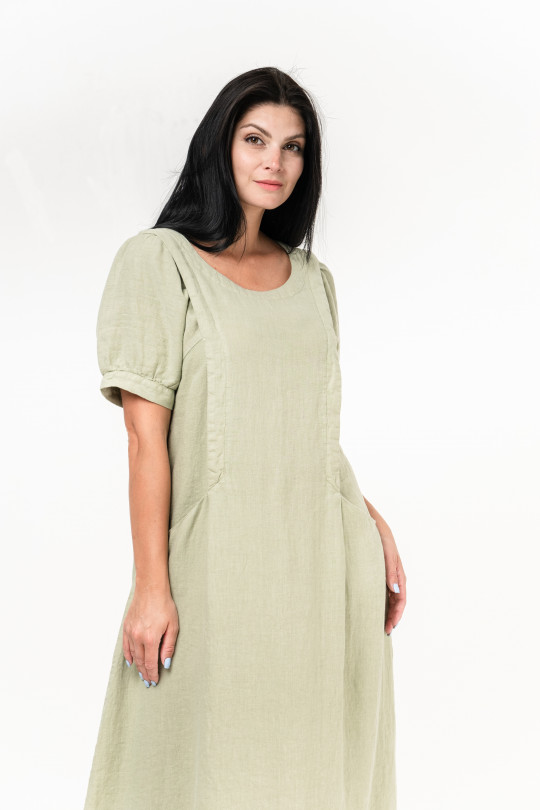 Женское платье из натурального льна с карманами, коротким рукавом - 1033/pistachio