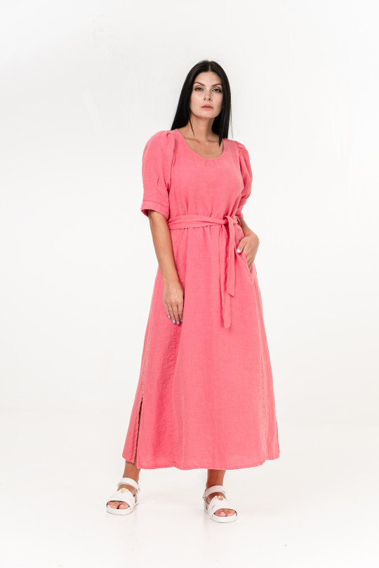 Женское платье из натурального льна с карманами, поясом, коротким рукавом - 1038/rose