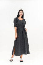 Женское платье из натурального льна с карманами, поясом, коротким рукавом - 1038/grafit