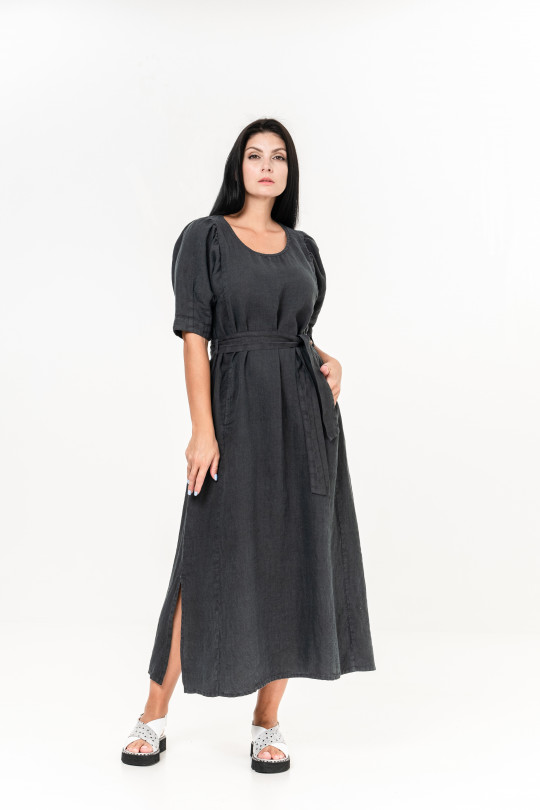 Women dress made of natural linen with pockets, belt, short sleeves - 1038/grafit