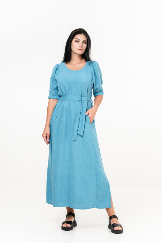 Women dress made of natural linen with pockets, belt, short sleeves - 1038/biryuz