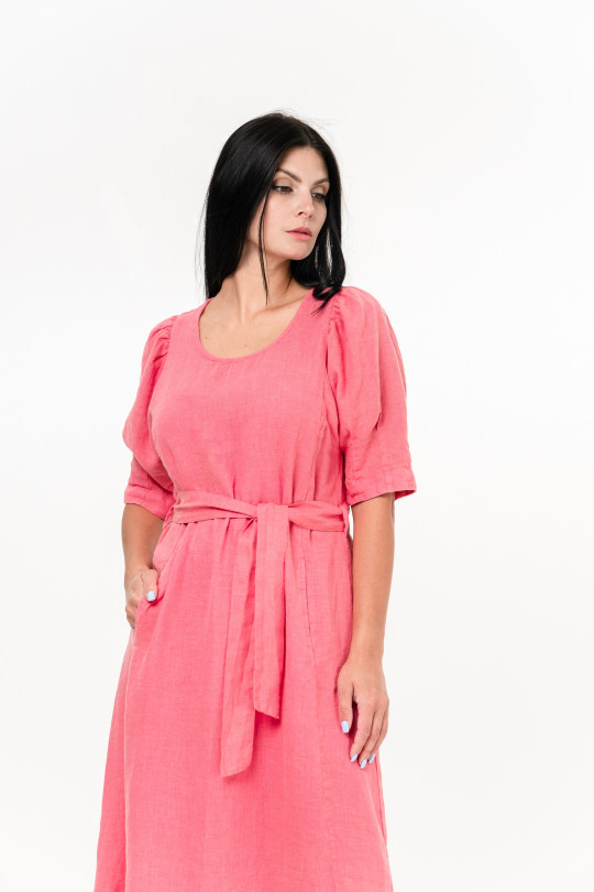 Women dress made of natural linen with pockets, belt, short sleeves - 1038/rose
