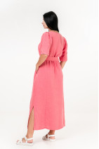 Женское платье из натурального льна с карманами, поясом, коротким рукавом - 1038/rose
