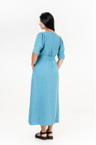Женское платье из натурального льна с карманами, поясом, коротким рукавом - 1038/biryuz