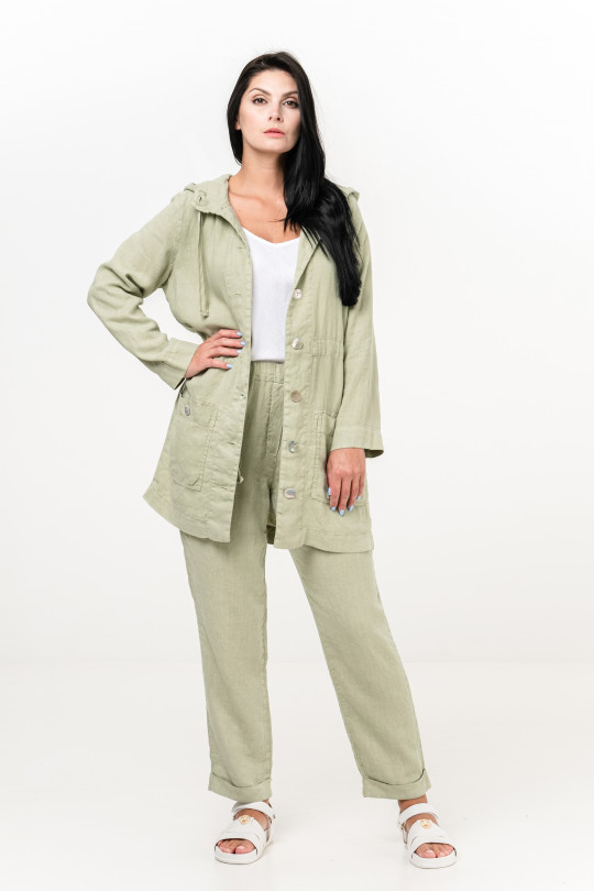 Women jacket made of natural linen with a hood, pockets, long sleeves, mother-of-pearl buttons - 1070/pistachio
