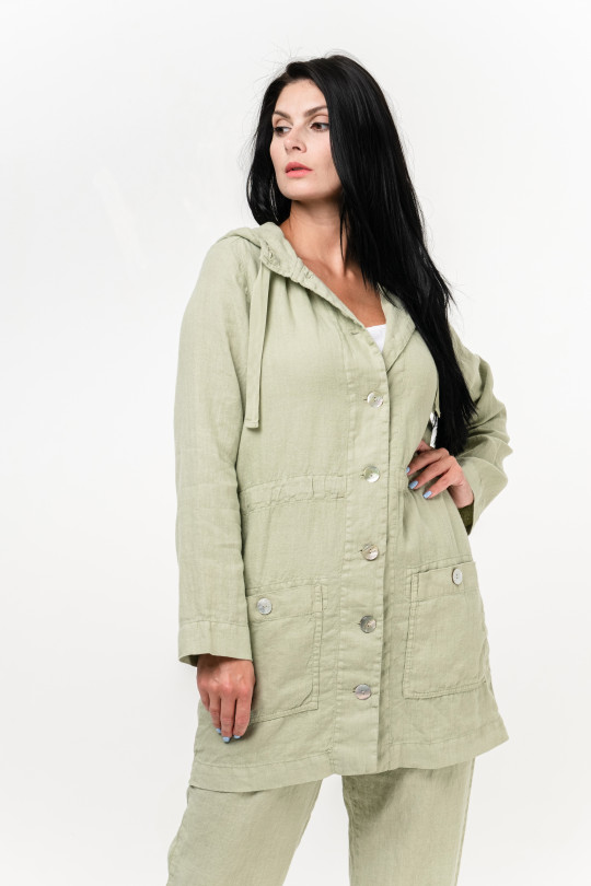 Women jacket made of natural linen with a hood, pockets, long sleeves, mother-of-pearl buttons - 1070/pistachio