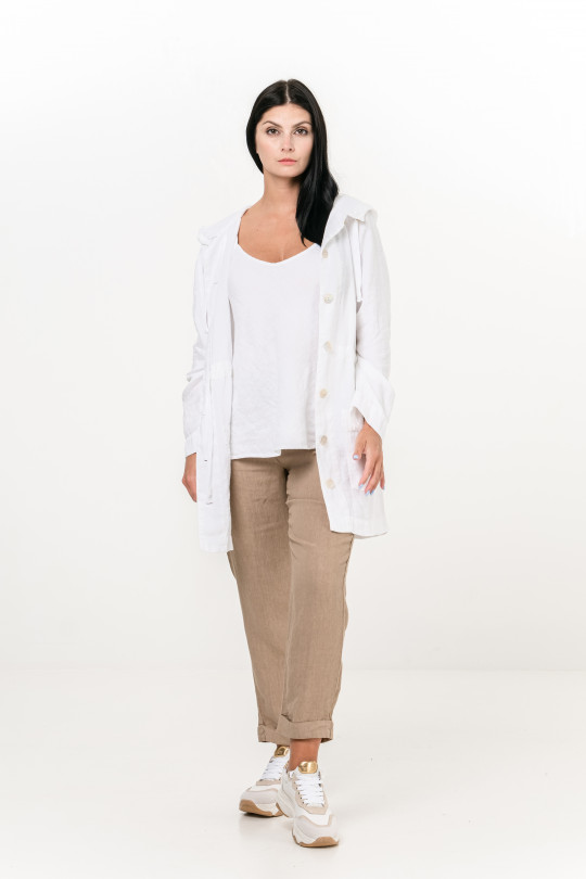Women jacket made of natural linen with a hood, pockets, long sleeves, mother-of-pearl buttons - 1070/white