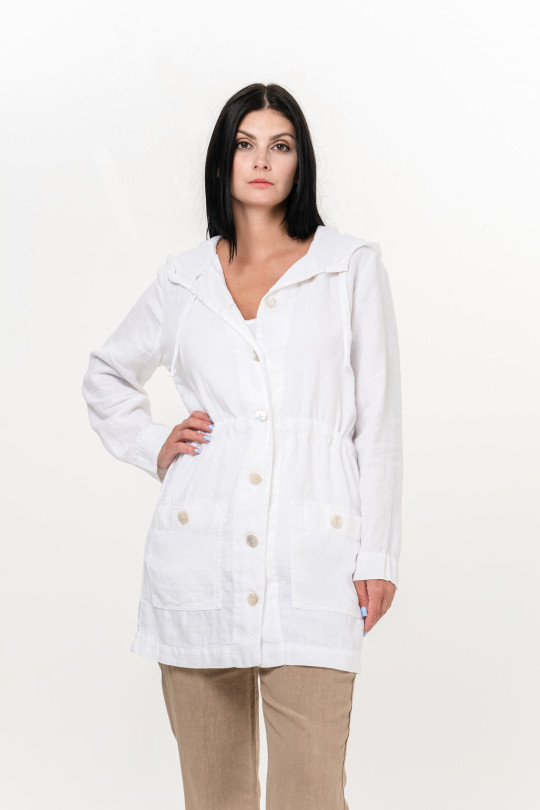 Women jacket made of natural linen with a hood, pockets, long sleeves, mother-of-pearl buttons - 1070/white