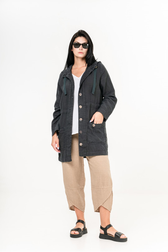Women jacket made of natural linen with a hood, pockets, long sleeves, mother-of-pearl buttons - 1070/grafit