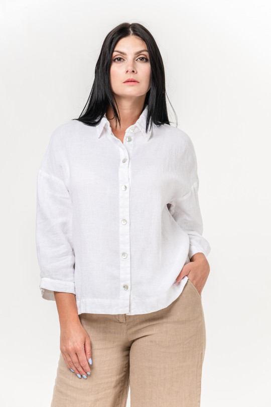 Women long-sleeved natural linen shirt with mother-of-pearl buttons - 4013-white
