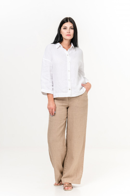 Women long-sleeved natural linen shirt with mother-of-pearl buttons - 4013-white