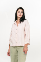 Женская льняная рубашка из натурального льна с длинным рукавом, перламутровыми пуговицами - 4013-powder