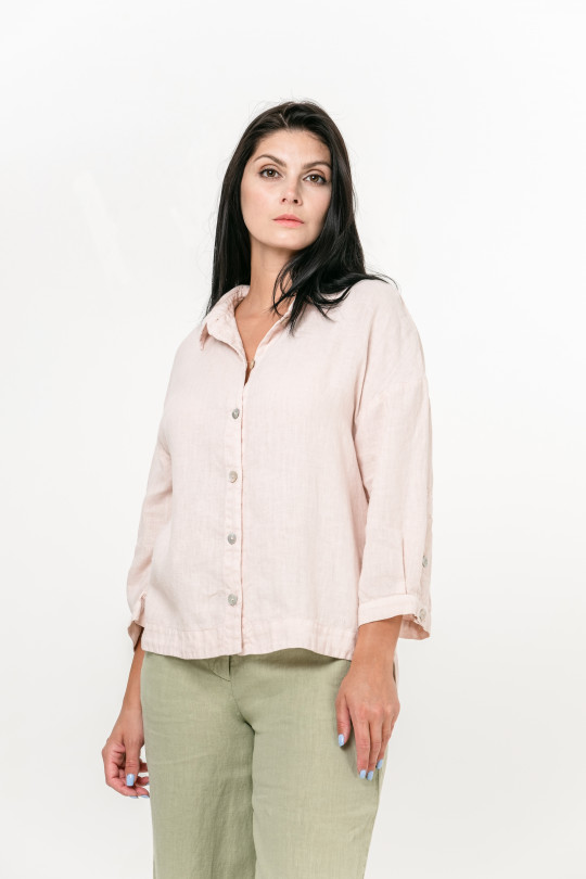 Женская льняная рубашка из натурального льна с длинным рукавом, перламутровыми пуговицами - 4013-powder