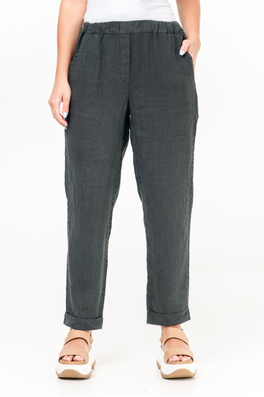 Классические женские брюки из натурального льна на резинке с карманами - 449/grafit
