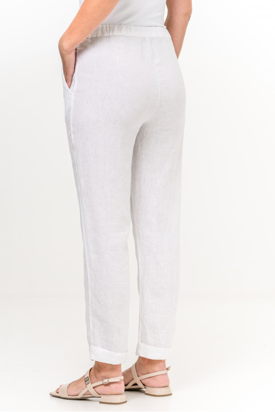 Классические женские брюки из натурального льна на резинке с карманами - 449/white