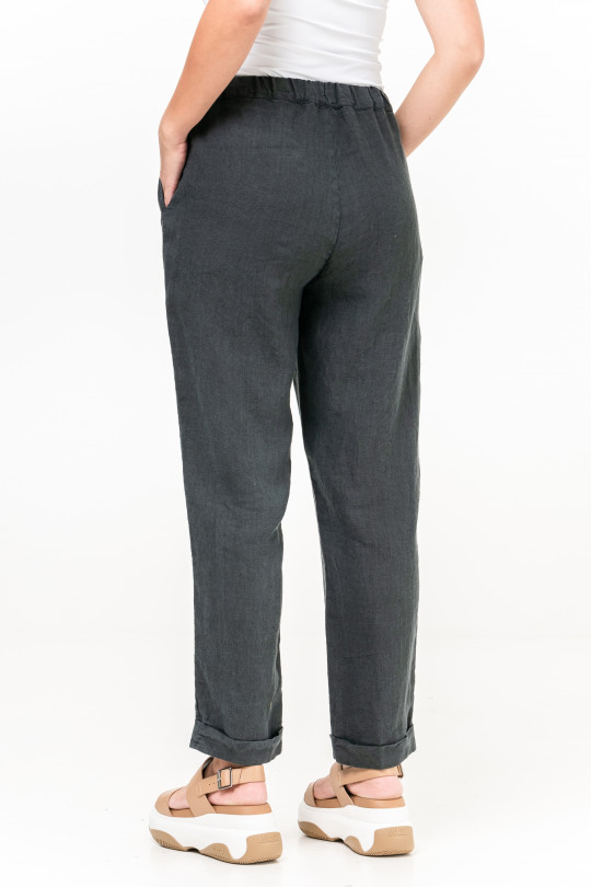 Классические женские брюки из натурального льна на резинке с карманами - 449/grafit