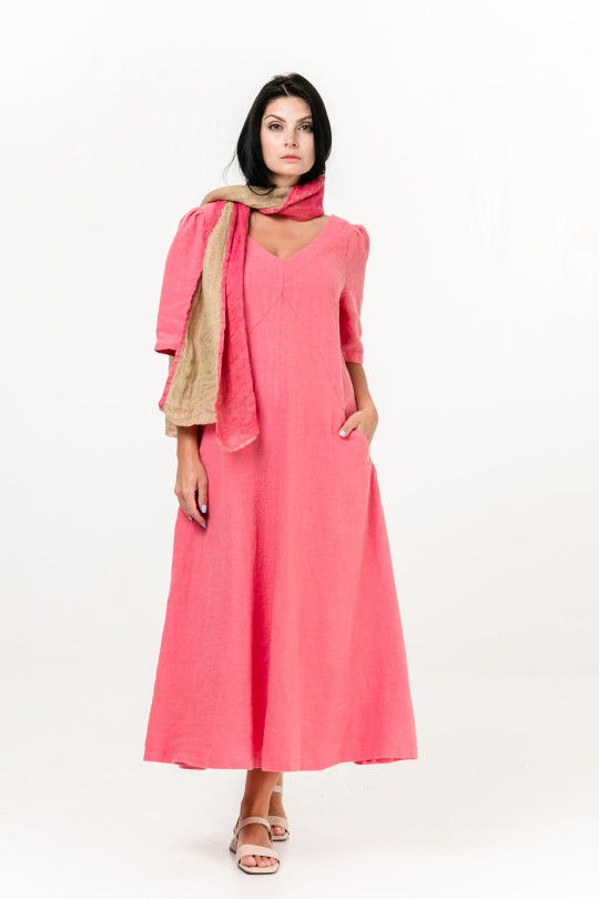 Women dress made of natural linen with pockets, short sleeve - 8041/rose