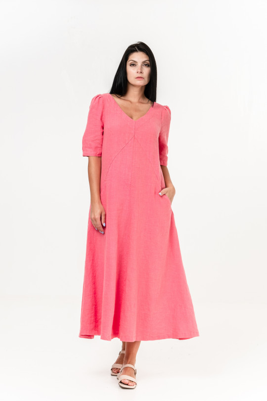 Women dress made of natural linen with pockets, short sleeve - 8041/rose