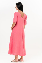Женское платье из натурального льна с карманами, коротким рукавом - 8041/rose
