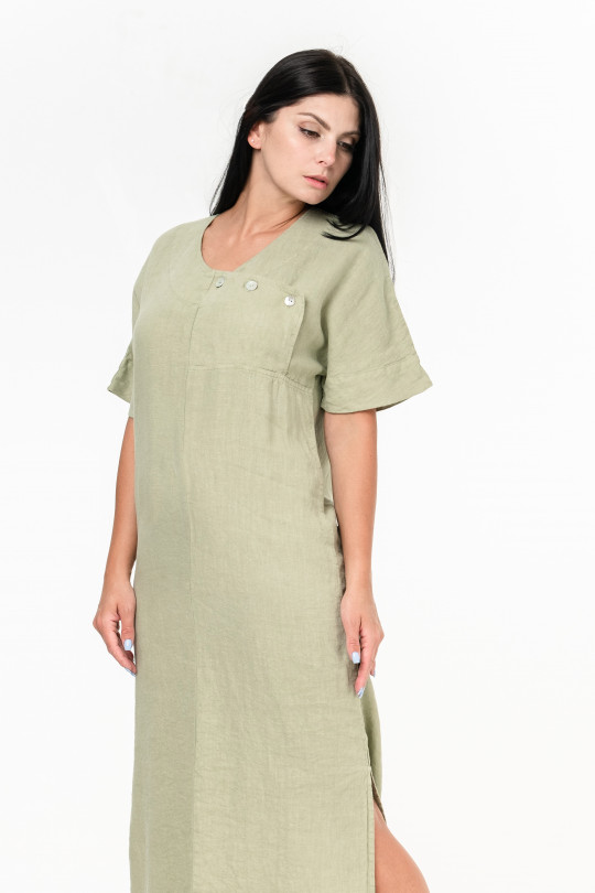 Женское платье из натурального льна с коротким рукавом - 8044/pistachio
