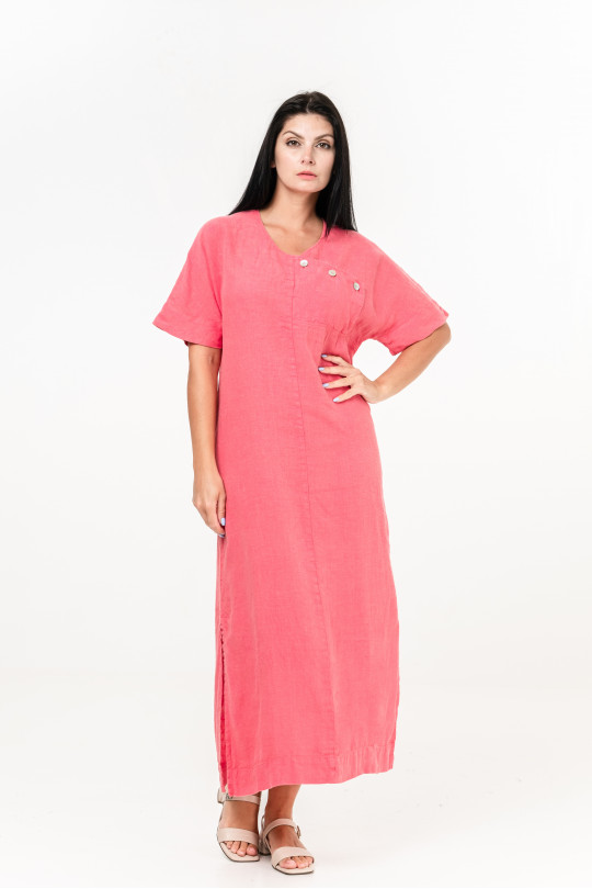 Women dress made of natural linen with short sleeves - 8044/rose