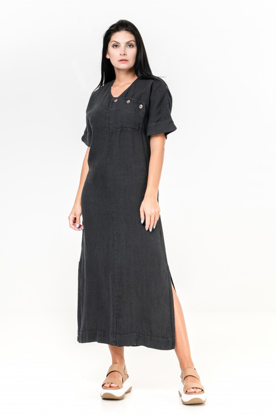 Женское платье из натурального льна с коротким рукавом - 8044/grafit