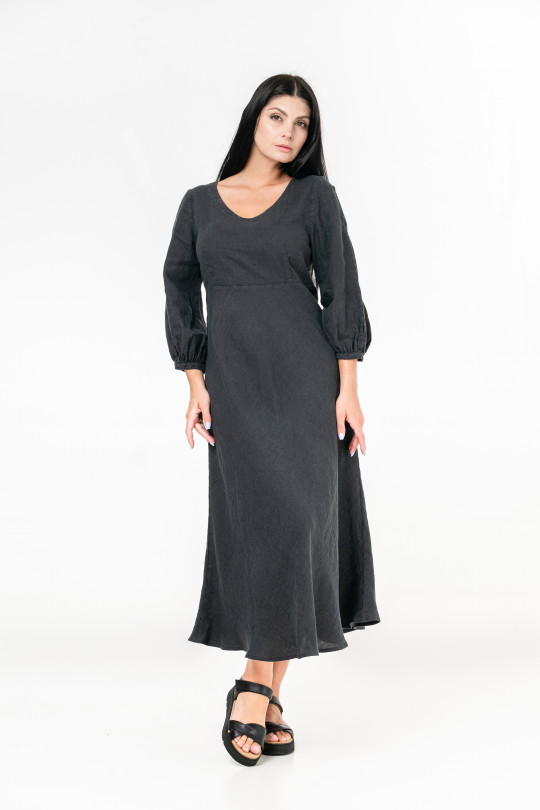 Женское платье из натурального льна с длинным рукавом - 8060/grafit