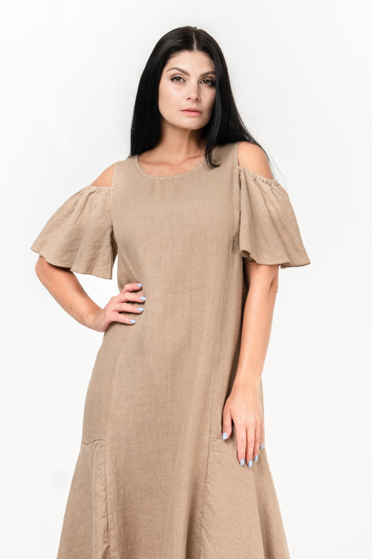 Женское платье из натурального льна с коротким рукавом - 8062/light-beige