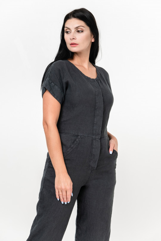 Women linen jumpsuit with short sleeves, pockets, buttons - 8070/grafit