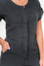 Женский льняной комбинезон с коротким рукавом, карманами, на пуговицах - 8070/grafit